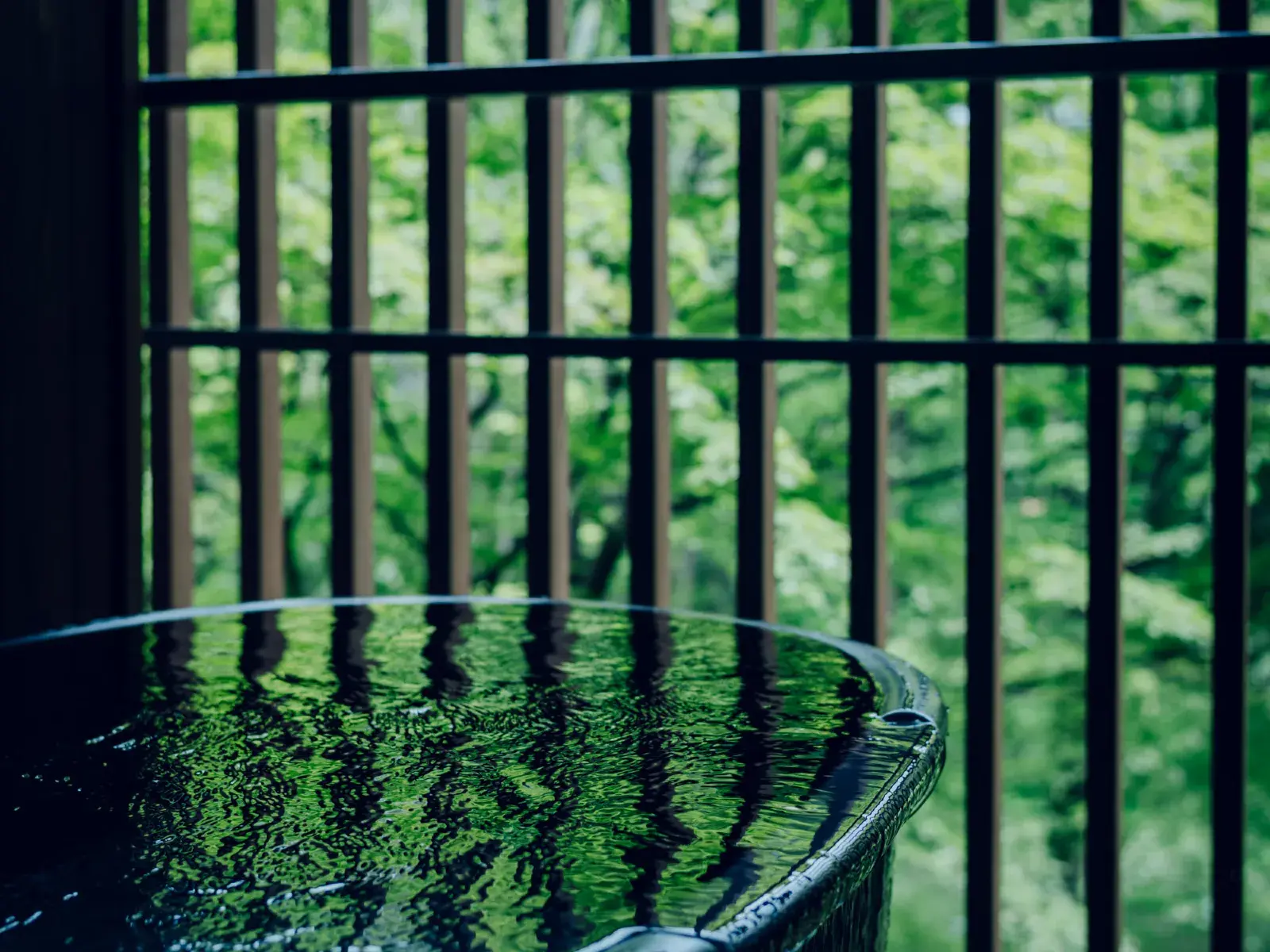 Private open-air bath framed by fiery autumn leaves