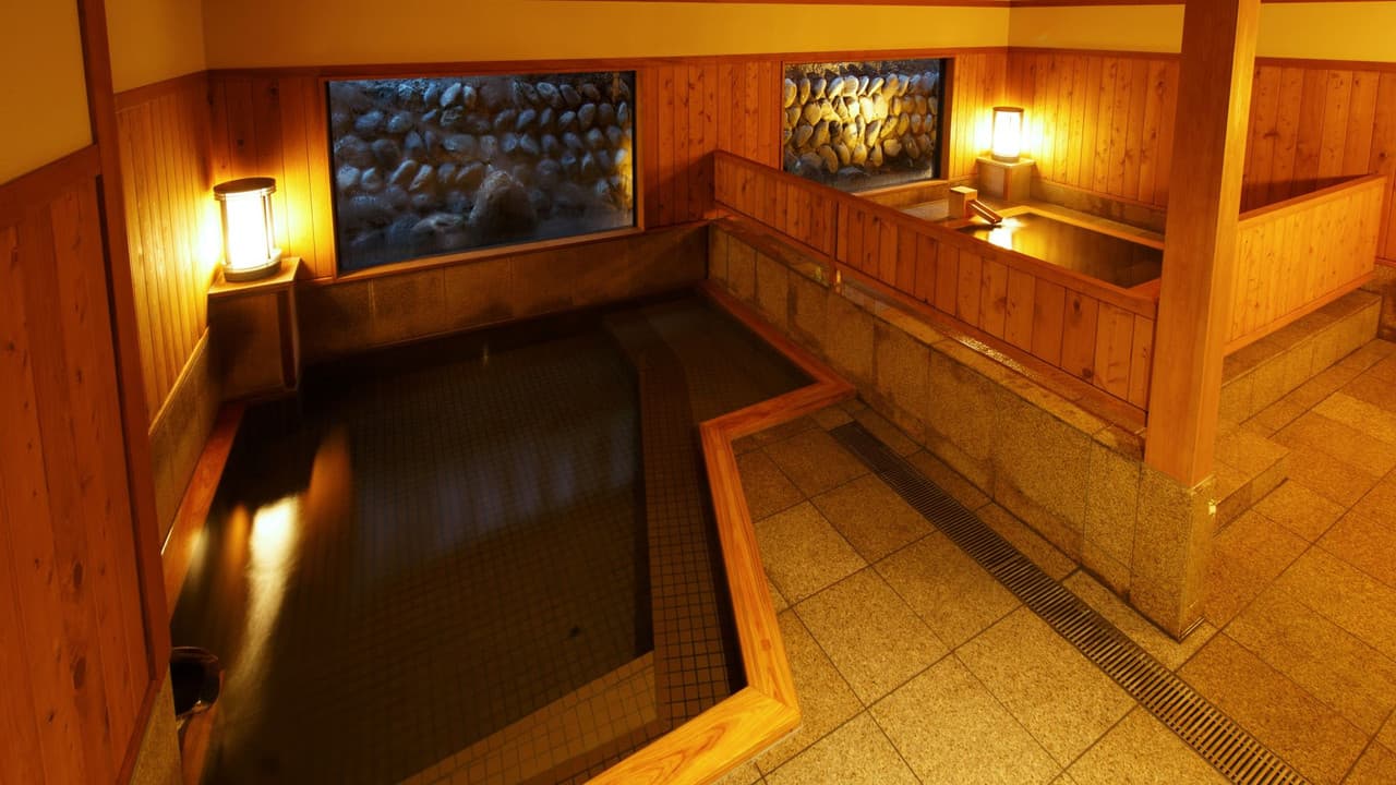 Indoor bath with rock-garden view and stone lanterns