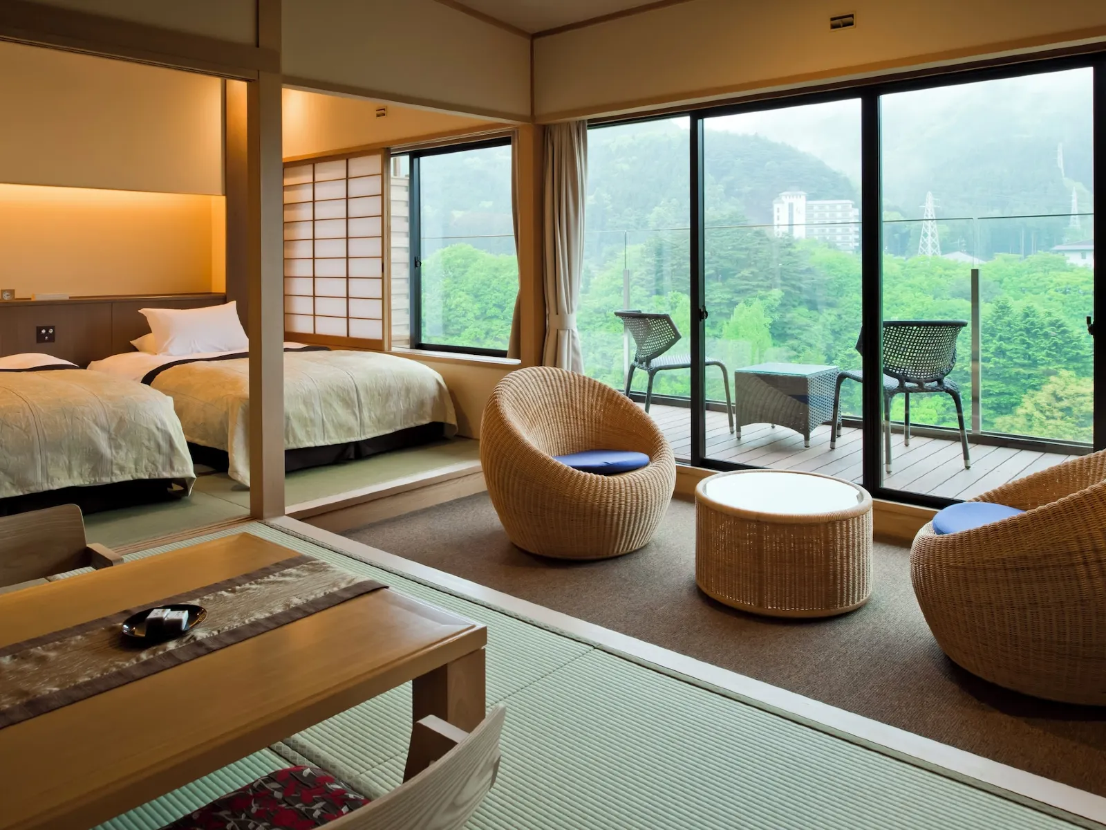Twin beds with a modern Japanese wood-and-lantern headboard