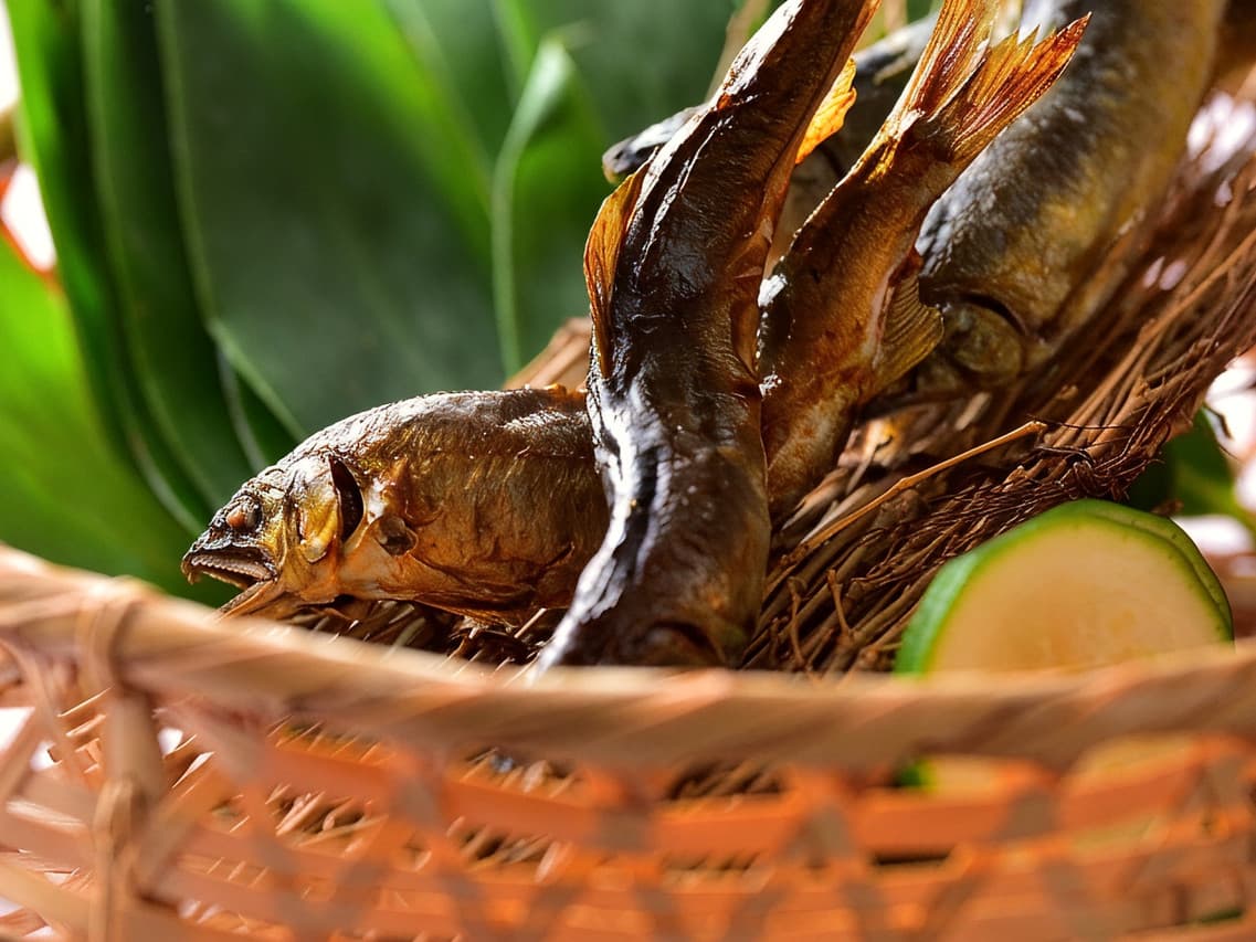 Grilled river fish presented in a bamboo basket