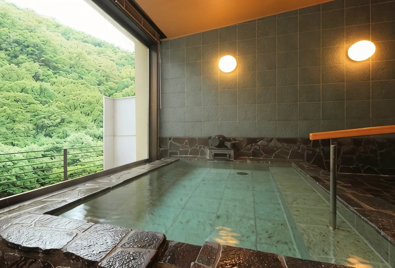 Indoor bath with large windows framing green forested hillside