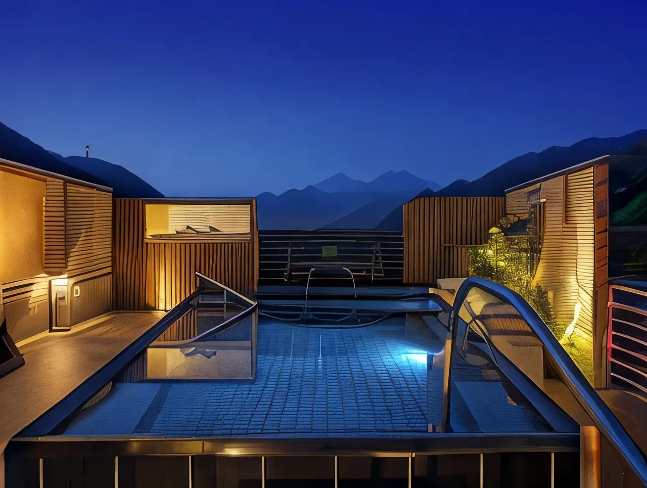 Rooftop open-air bath illuminated at night overlooking distant mountains