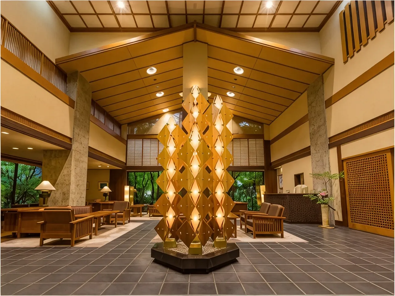 Lobby with a lantern light sculpture