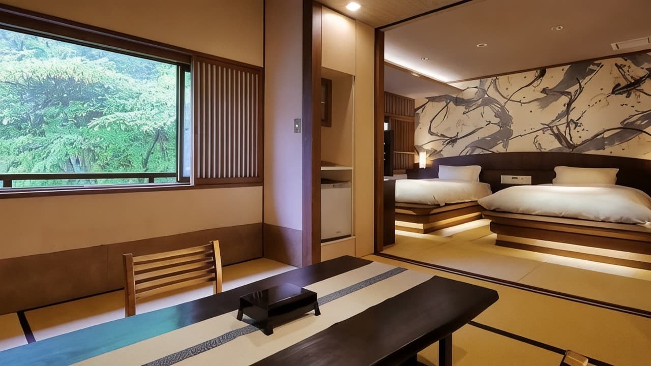 Modern twin room with an ink-brush headboard wall