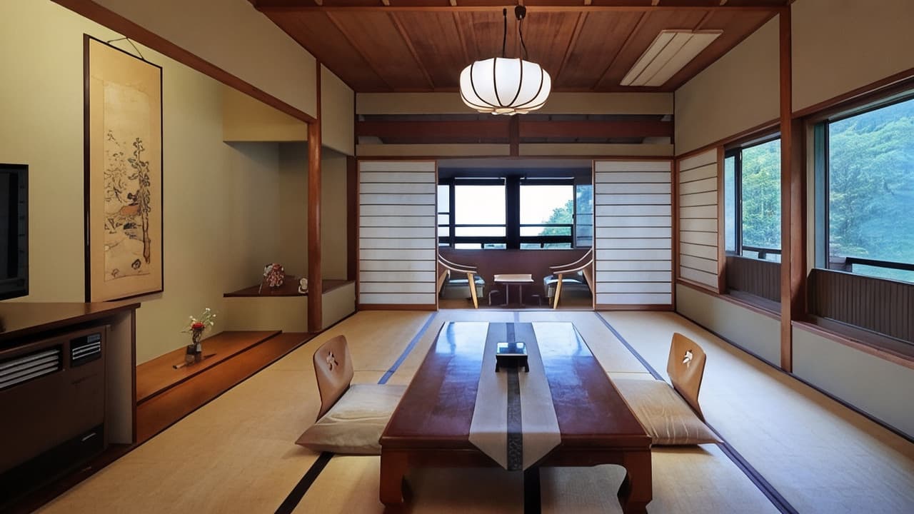 Spacious tatami room with valley views and a hanging lantern