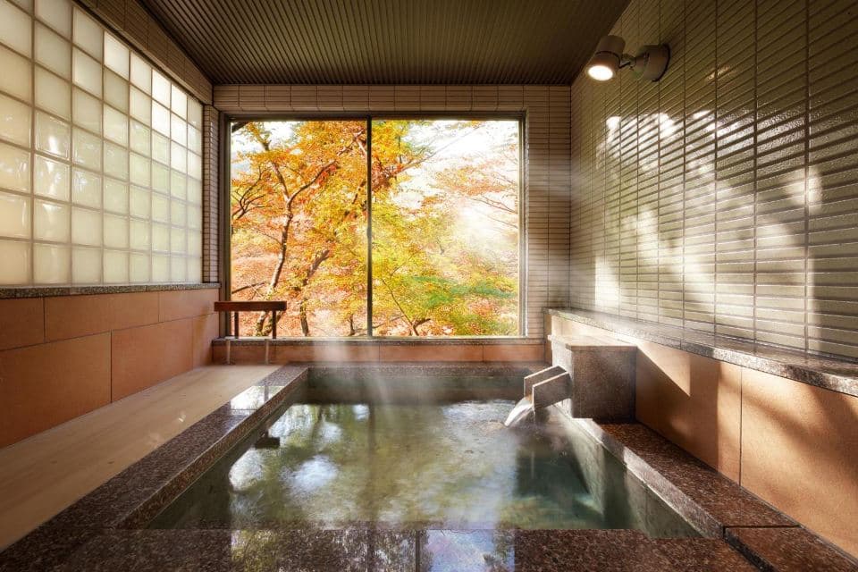 Indoor stone bath with a window framing autumn foliage
