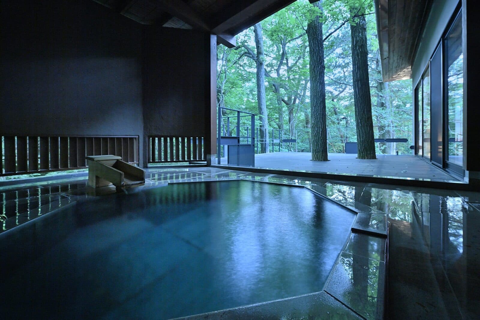 Wood-lined sauna with a stone heater and forest deck beyond