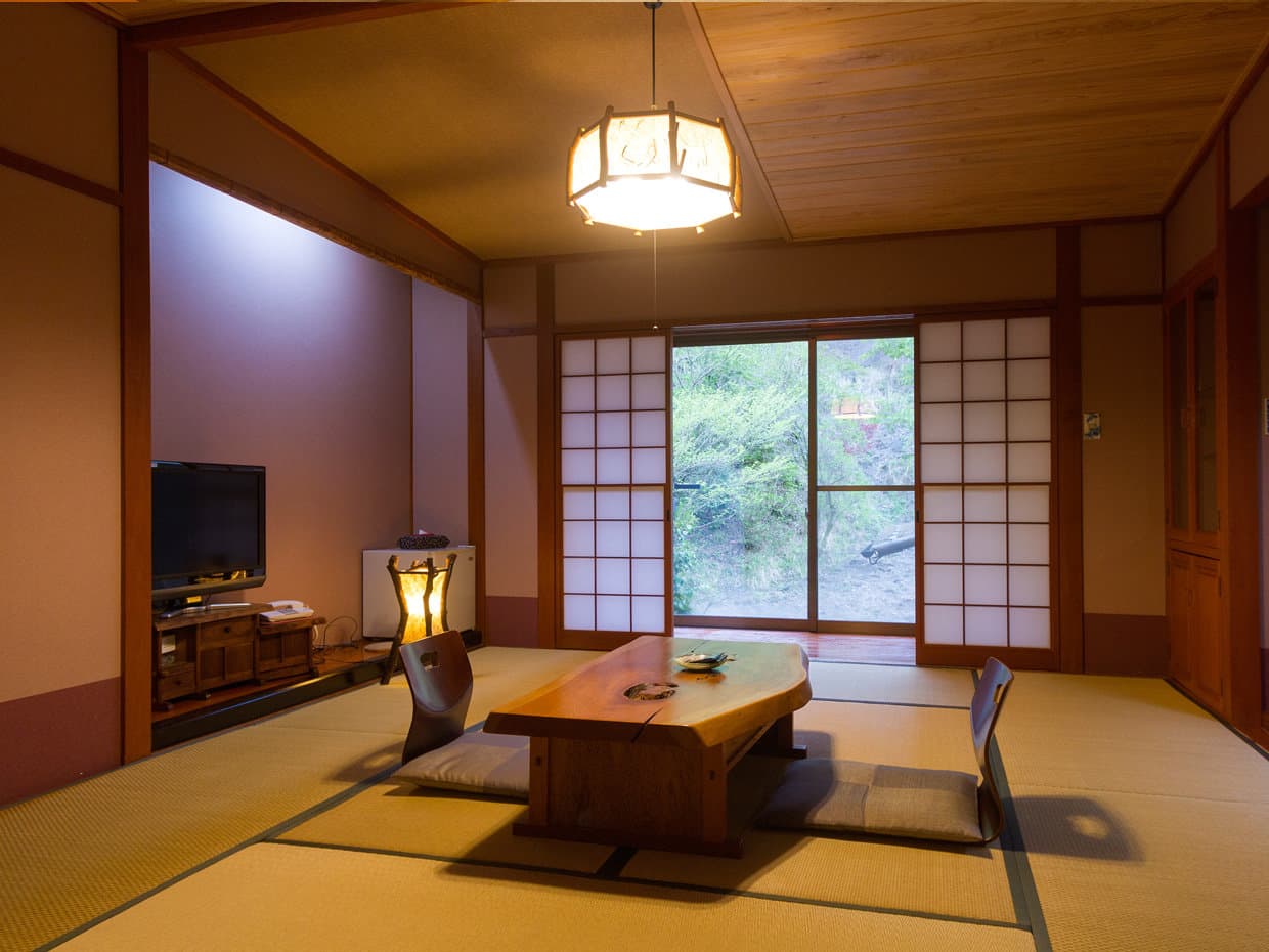 Tatami guest room at Hozantei with low table, television and traditional decor