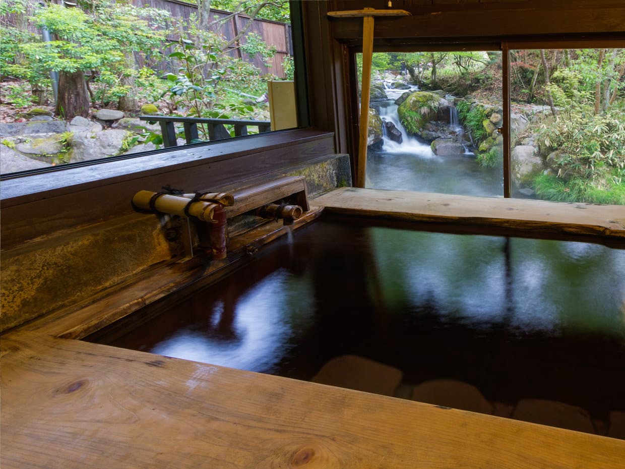 Indoor bath at Hozantei with a wide window framing the riverside forest