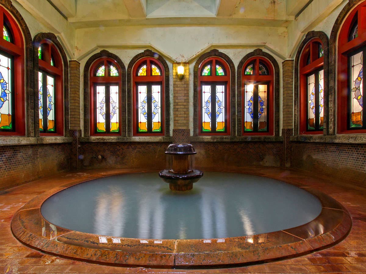 Kanaguya's Taisho-era Roman-style indoor bath with stained-glass windows, Shibu Onsen