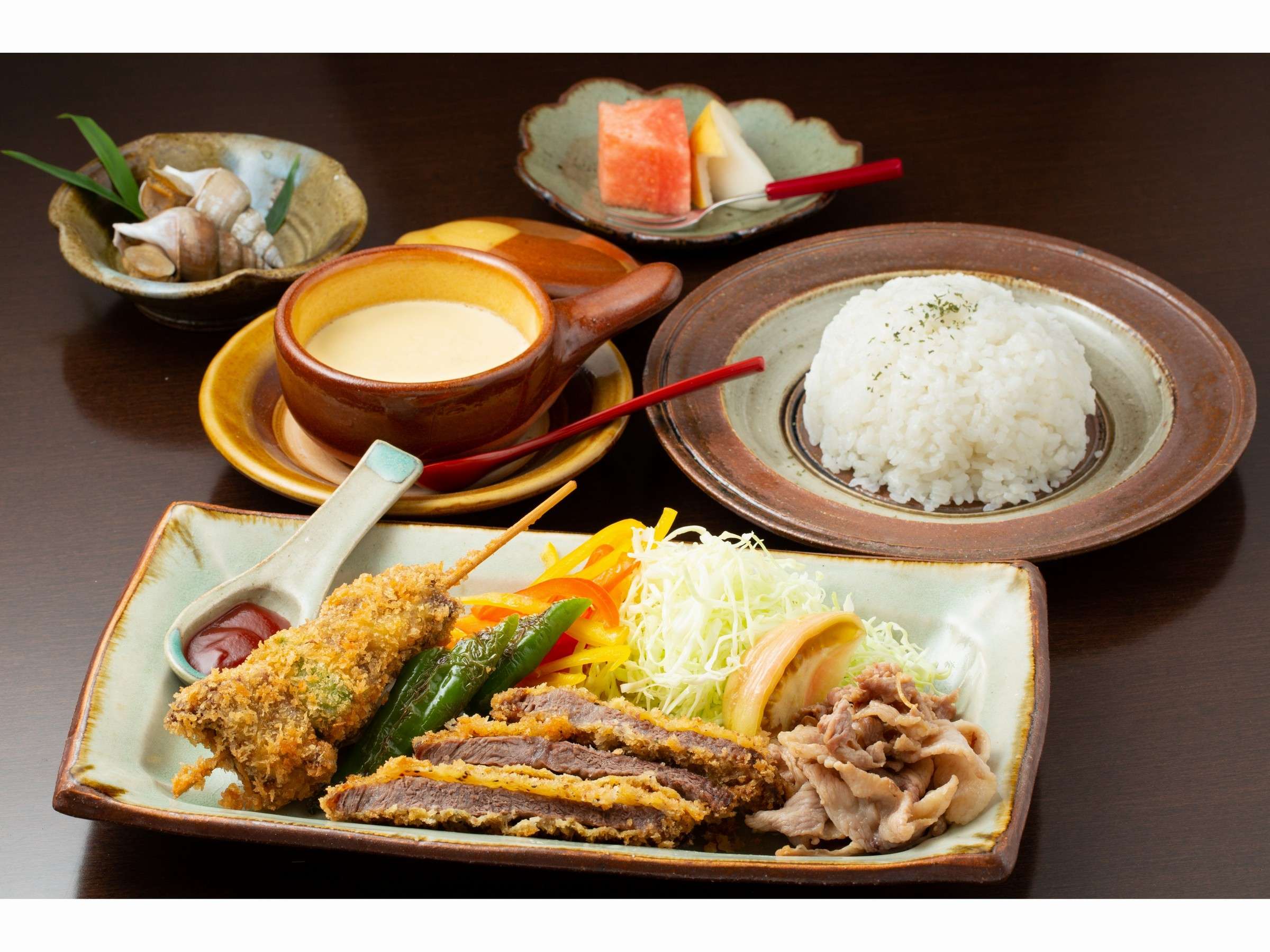 Japanese breakfast set with rice and grilled fish at Fujimiya
