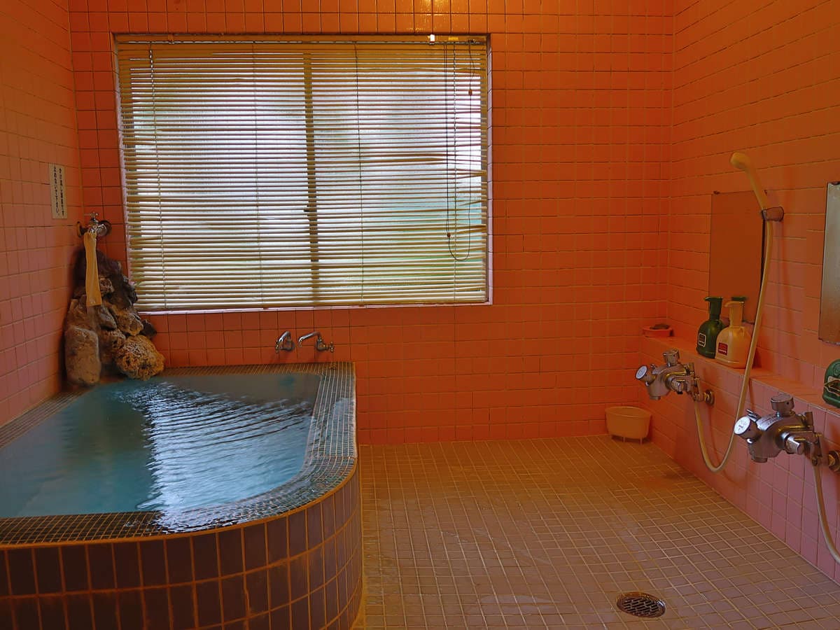 Indoor hot spring bath at Ryokan Furuya with tiled tub and shower stations in the Hakuba Happo Onsen