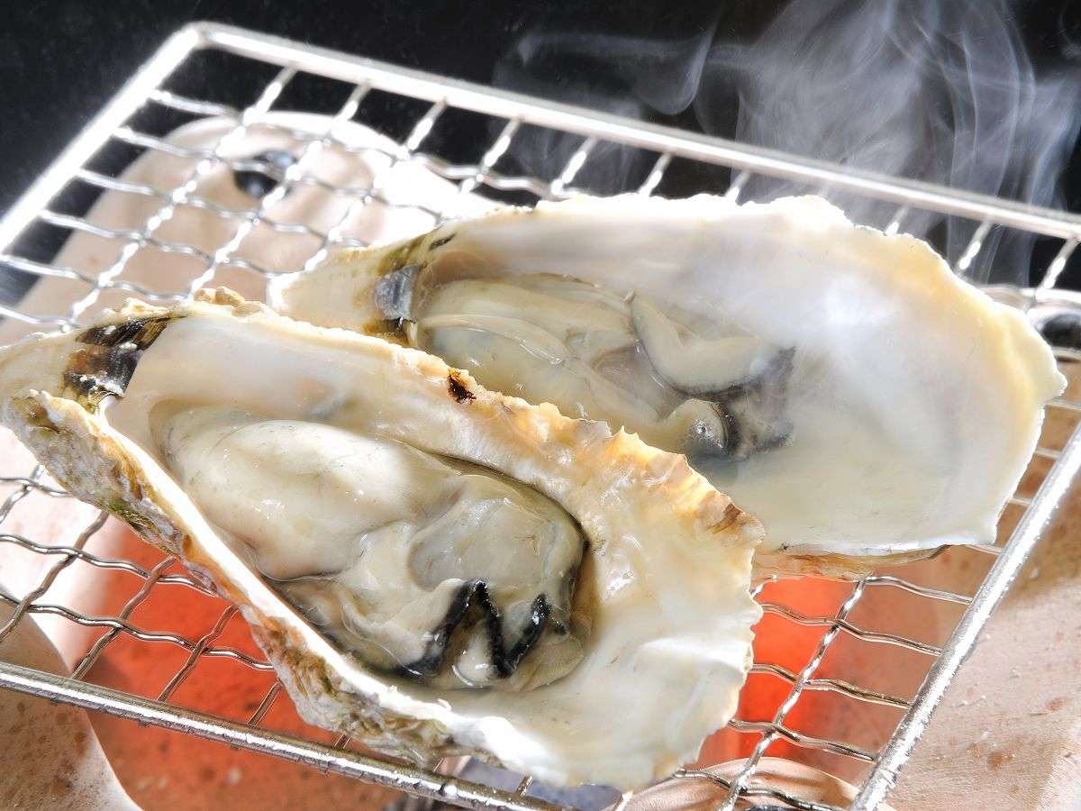 Fresh Miyajima oysters grilled in their shells over a charcoal grill with rising steam