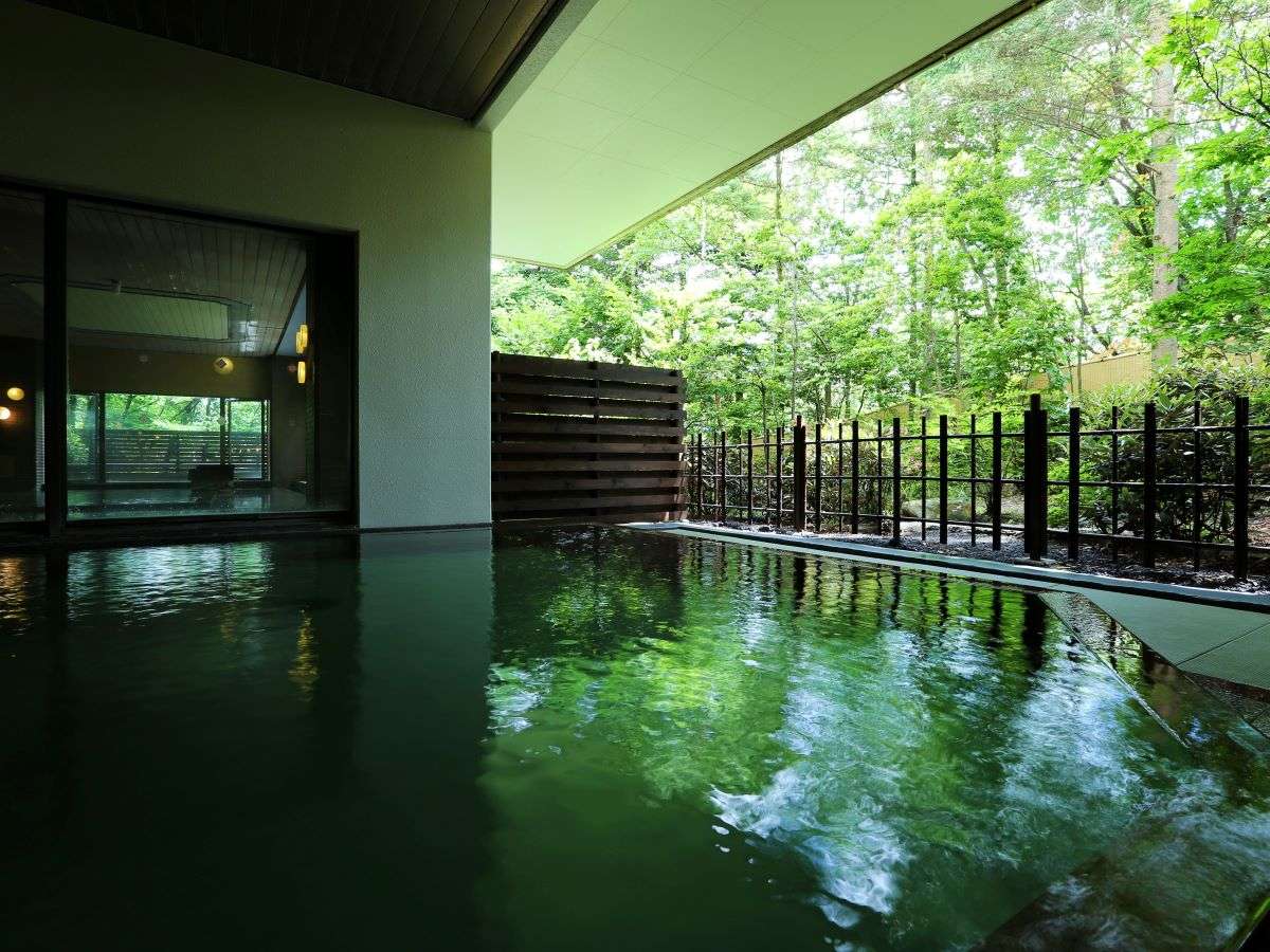 Indoor hot spring bath at Hotel Sakurai with a stone-edged pool and large windows facing a green forest