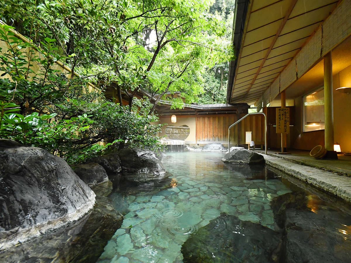 Outdoor rotenburo set among rocks and greenery with rising steam at Seizan Yamato, Ito Onsen Izu