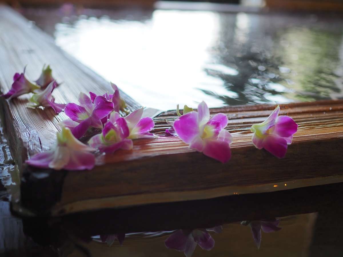 Pink orchids resting on the wooden rim of a hot-spring bath, atmospheric detail at Seizan Yamato
