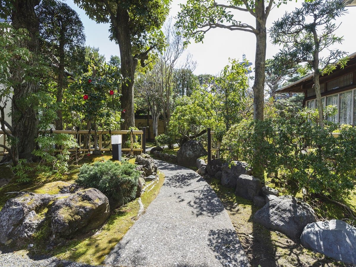 Stone-paved Japanese garden path with mossy rocks and camellia beside the building at Hotel Dankoen, Izu