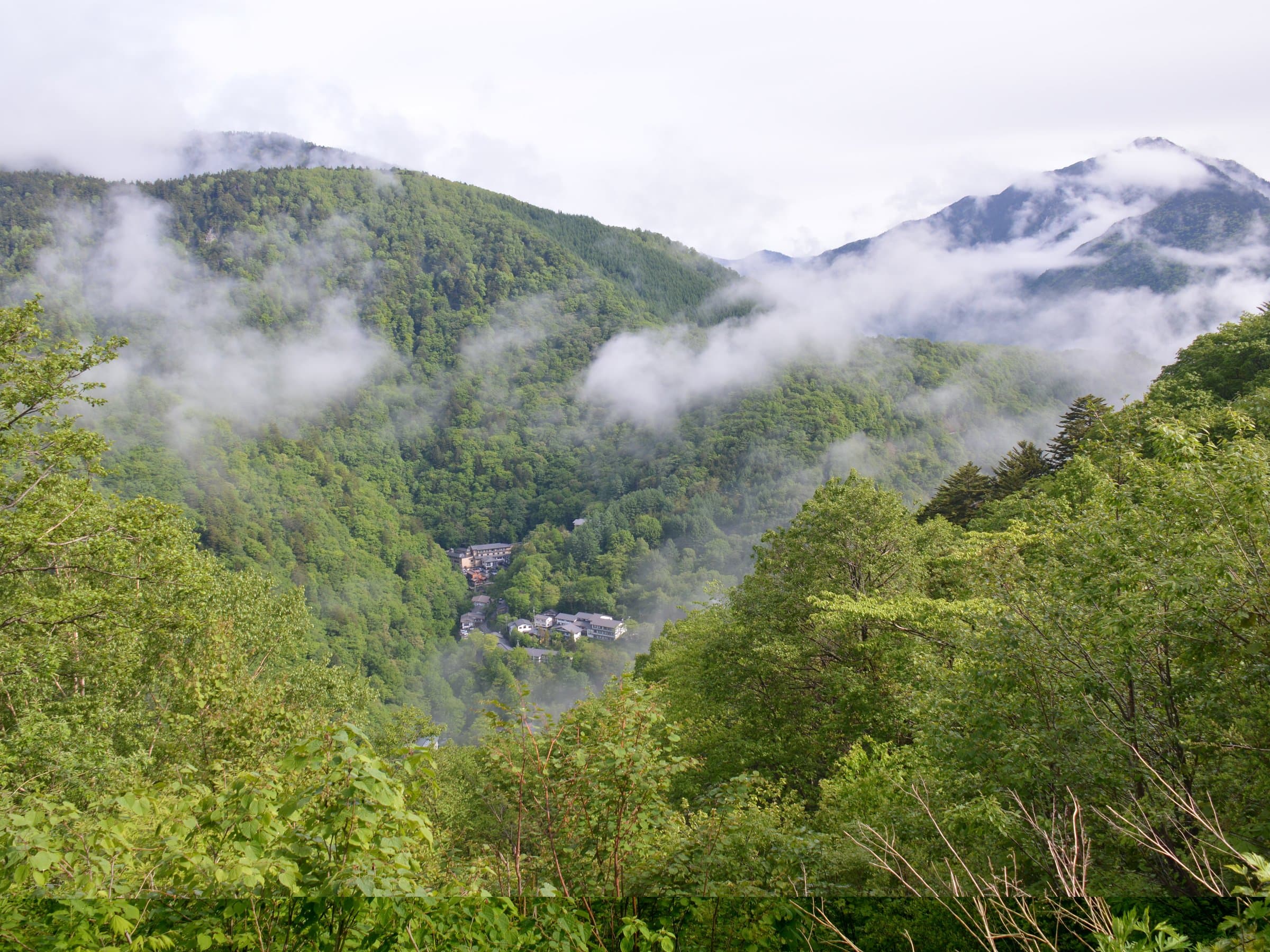Sansuikan Yugawaso nestled deep in a forested Shirahone Onsen valley wrapped in drifting mountain mist