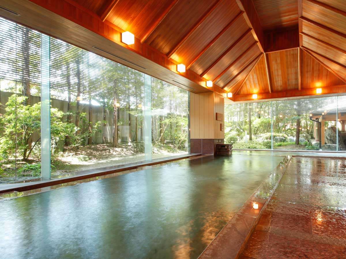Indoor hot spring bath at Takayama Green Hotel with a wooden vaulted ceiling and forest garden view