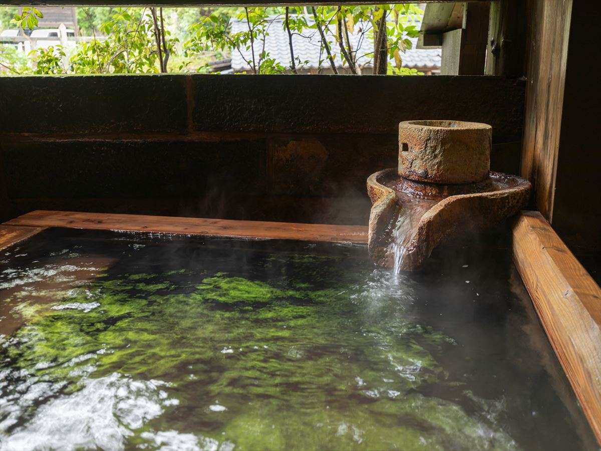 Steaming open-air onsen at Fujiya with green reflections on the water and a carved stone spout fed by hot spring water