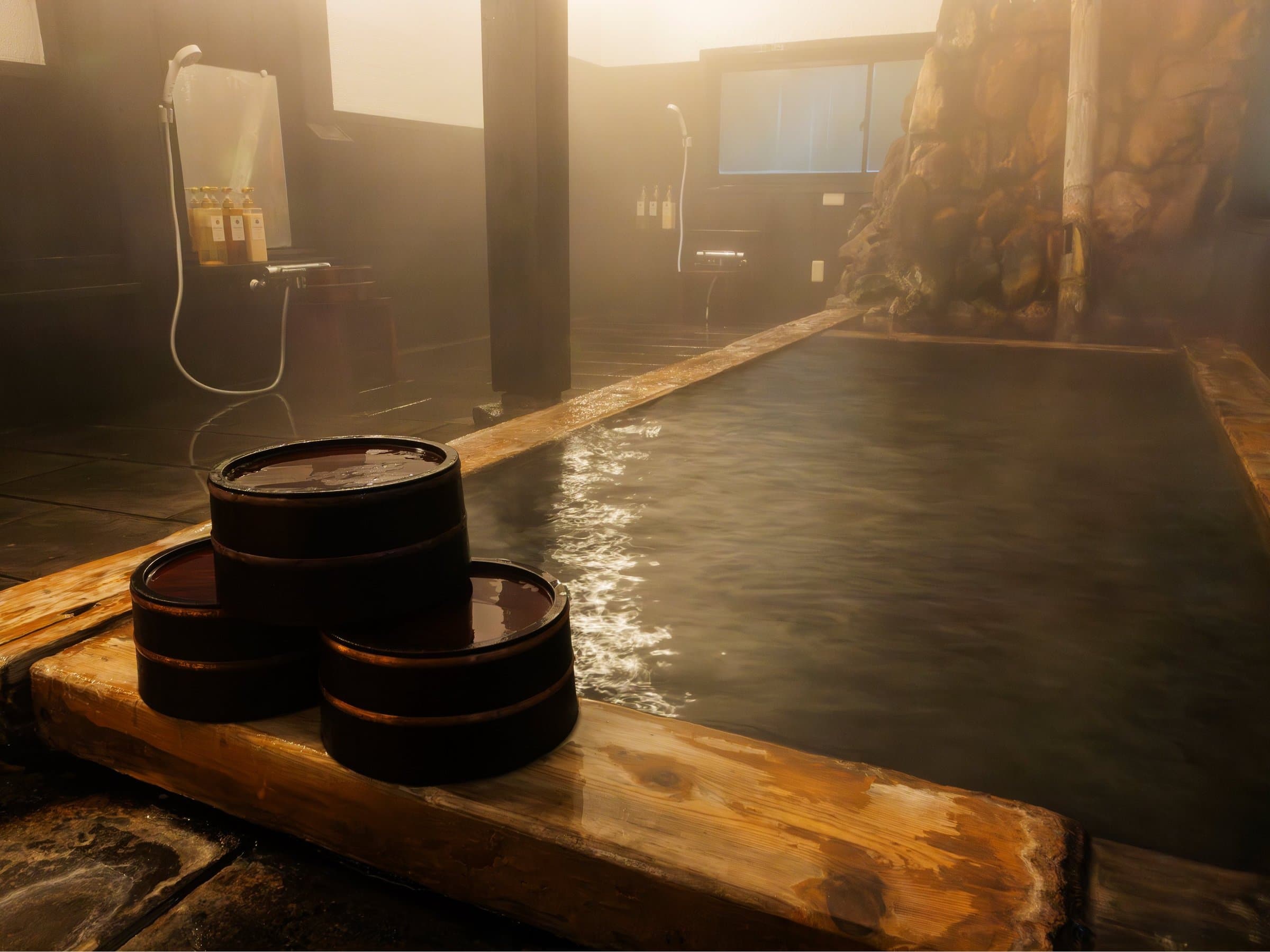 Indoor hot-spring bath at Yusai Bekkan with steam rising over the water, stone wall and wooden bath buckets