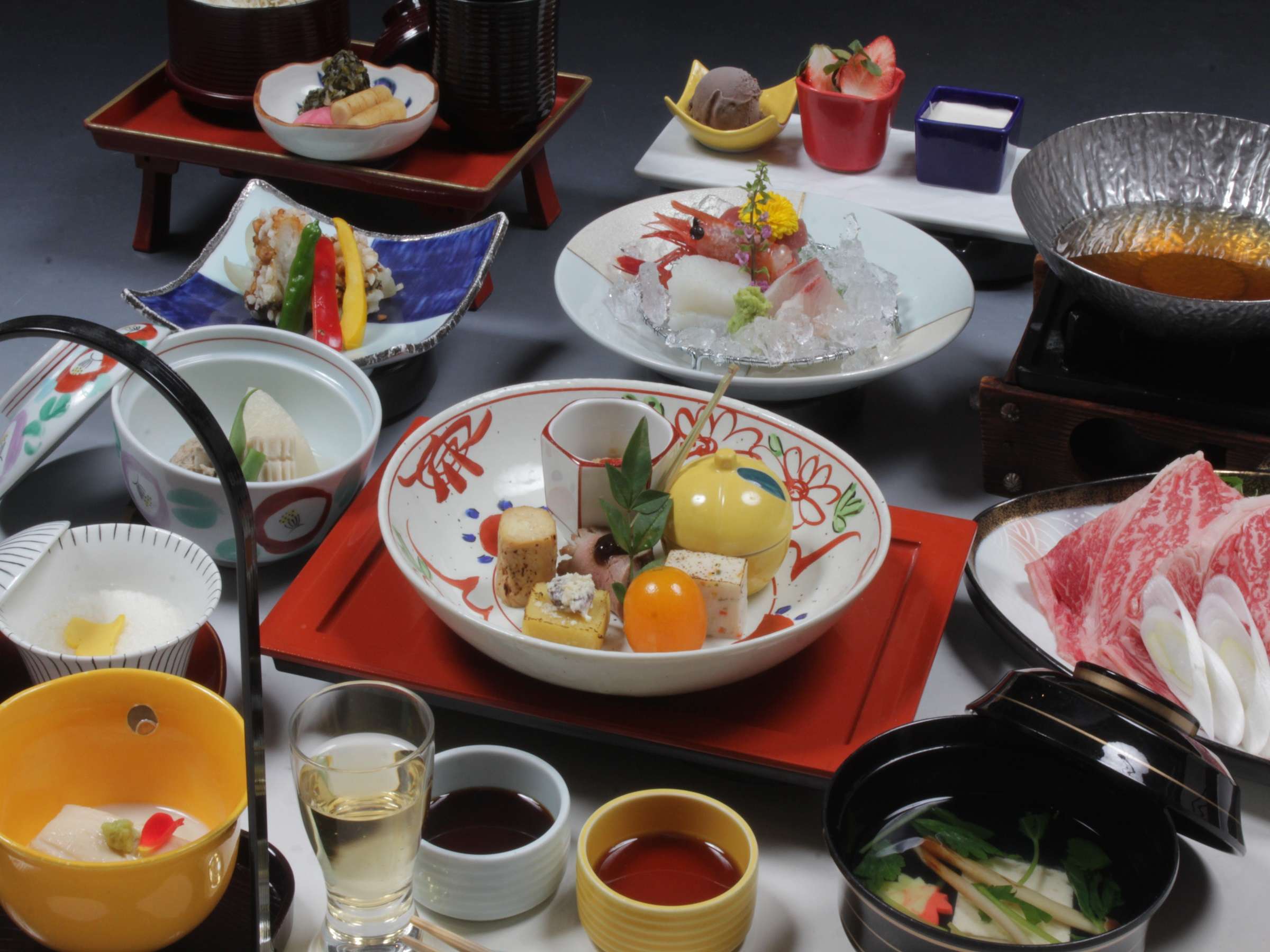 Multi-course kaiseki dinner with sashimi, wagyu and assorted small dishes served at Nikko Senhime Monogatari