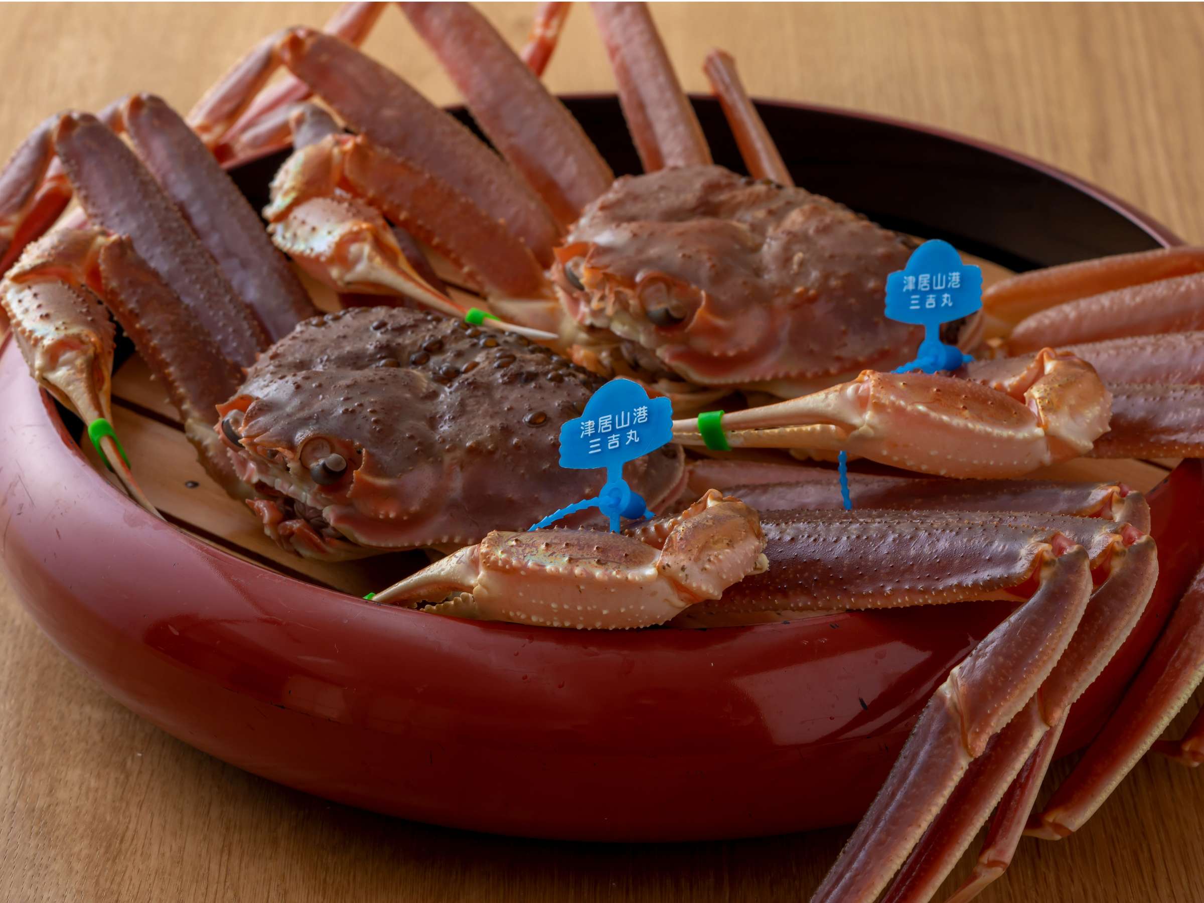 Two whole boiled snow crabs presented in a lacquered bowl, Sensui, Kinosaki Onsen