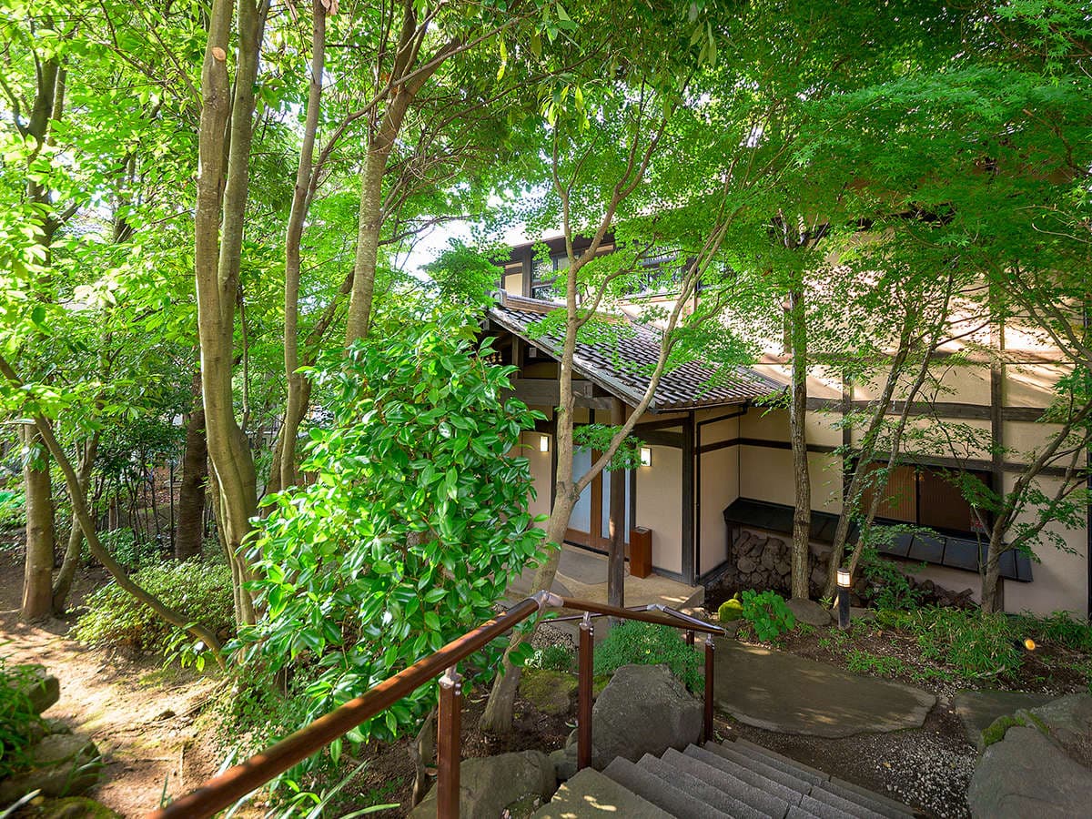 Wooded approach and tiled-roof entrance to Tosyoan ryokan in Yufuin Onsen amid lush greenery