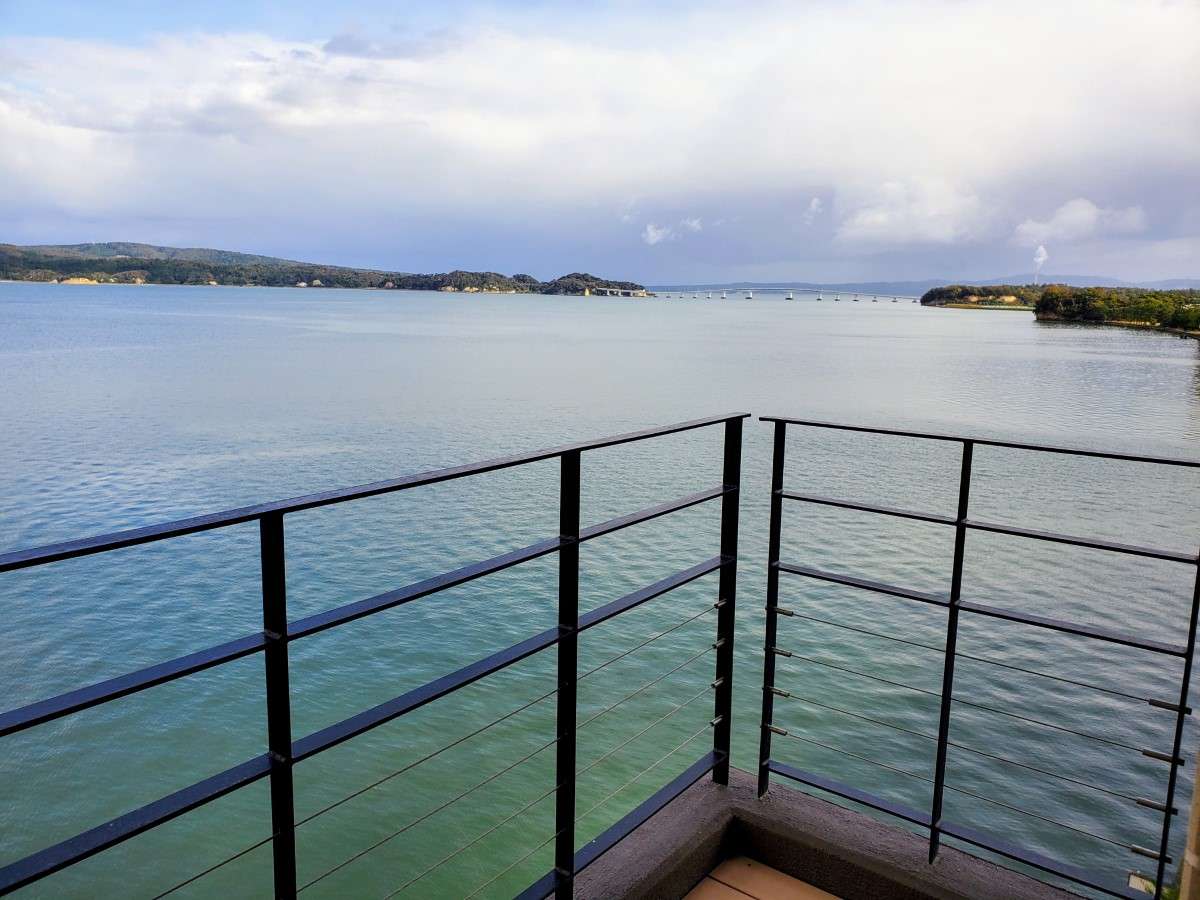 Oceanfront terrace overlooking Nanao Bay and distant islands at Noto Kaishu, Wakura Onsen