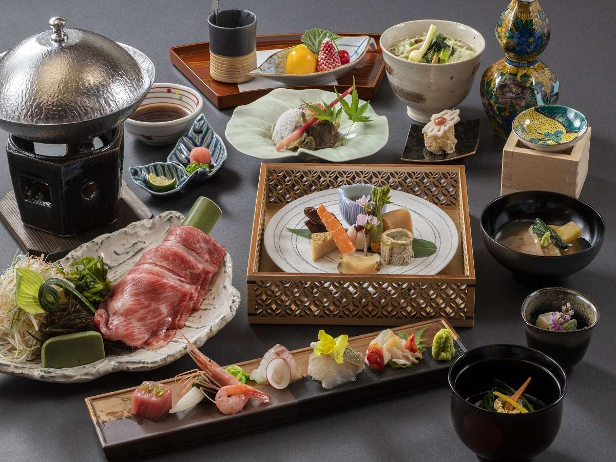 Multi-course Japanese kaiseki dinner with wagyu beef, sashimi and seasonal dishes at Noto Kaishu in Wakura Onsen