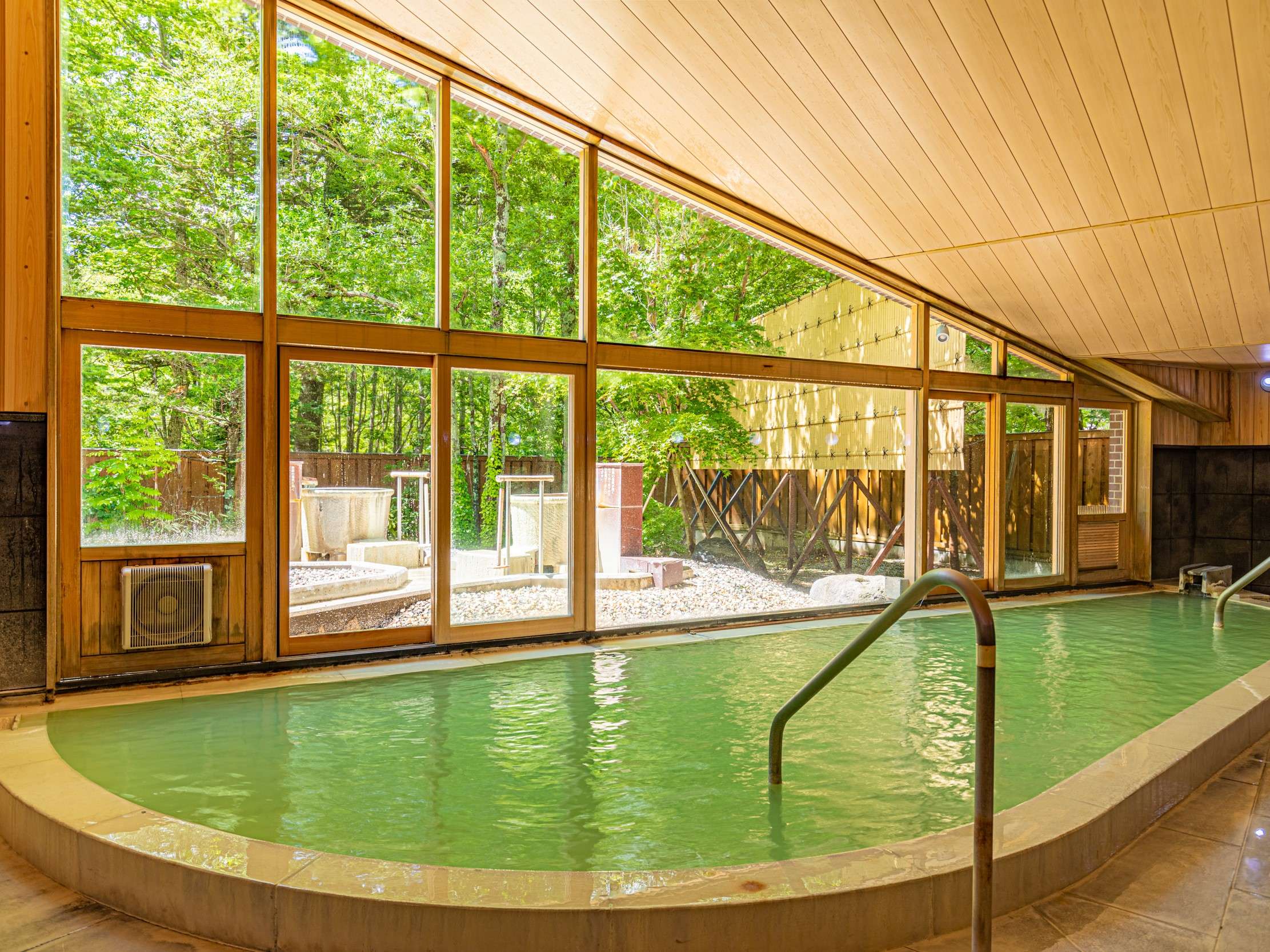 Indoor hot-spring bath with green sulphur water and floor-to-ceiling windows overlooking the surrounding woods