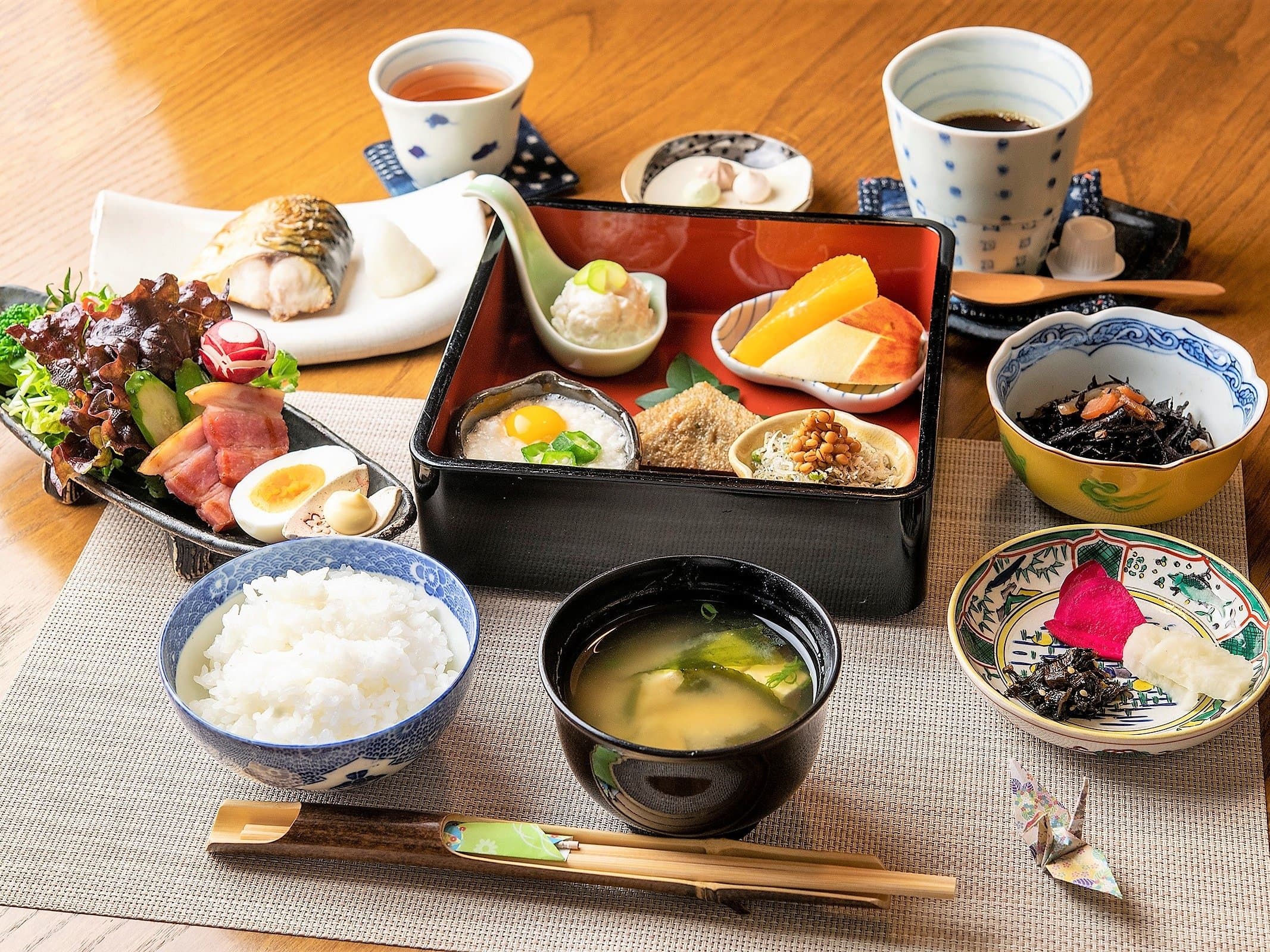 Japanese breakfast set at Yado Taniya with rice, miso soup, grilled fish and small side dishes