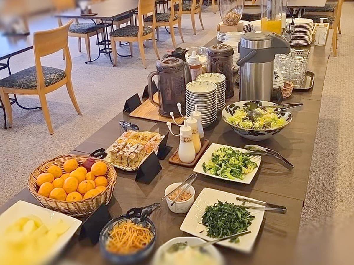 Japanese breakfast buffet spread of salads, fruit and warm dishes at Hotel Cerulean Alpen, Tsugaike Onsen