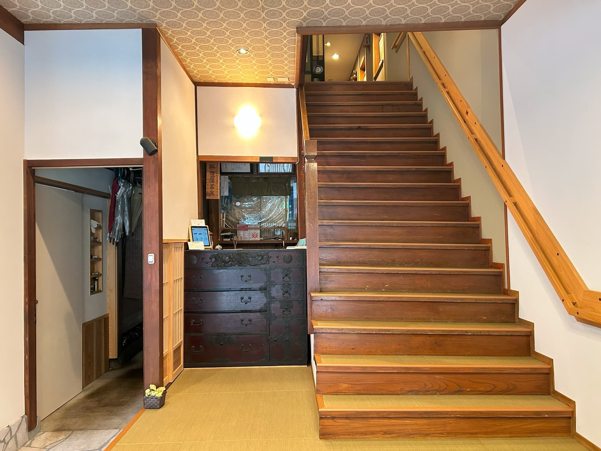 Yamatoya Ryokan Kinosaki Onsen interior staircase showing wooden architectural detail
