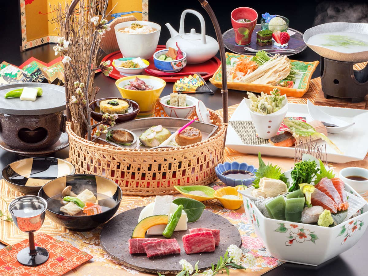 Multi-course kaiseki dinner with wagyu beef, sashimi, hot pot and seasonal dishes at Kinugawa Park Hotels
