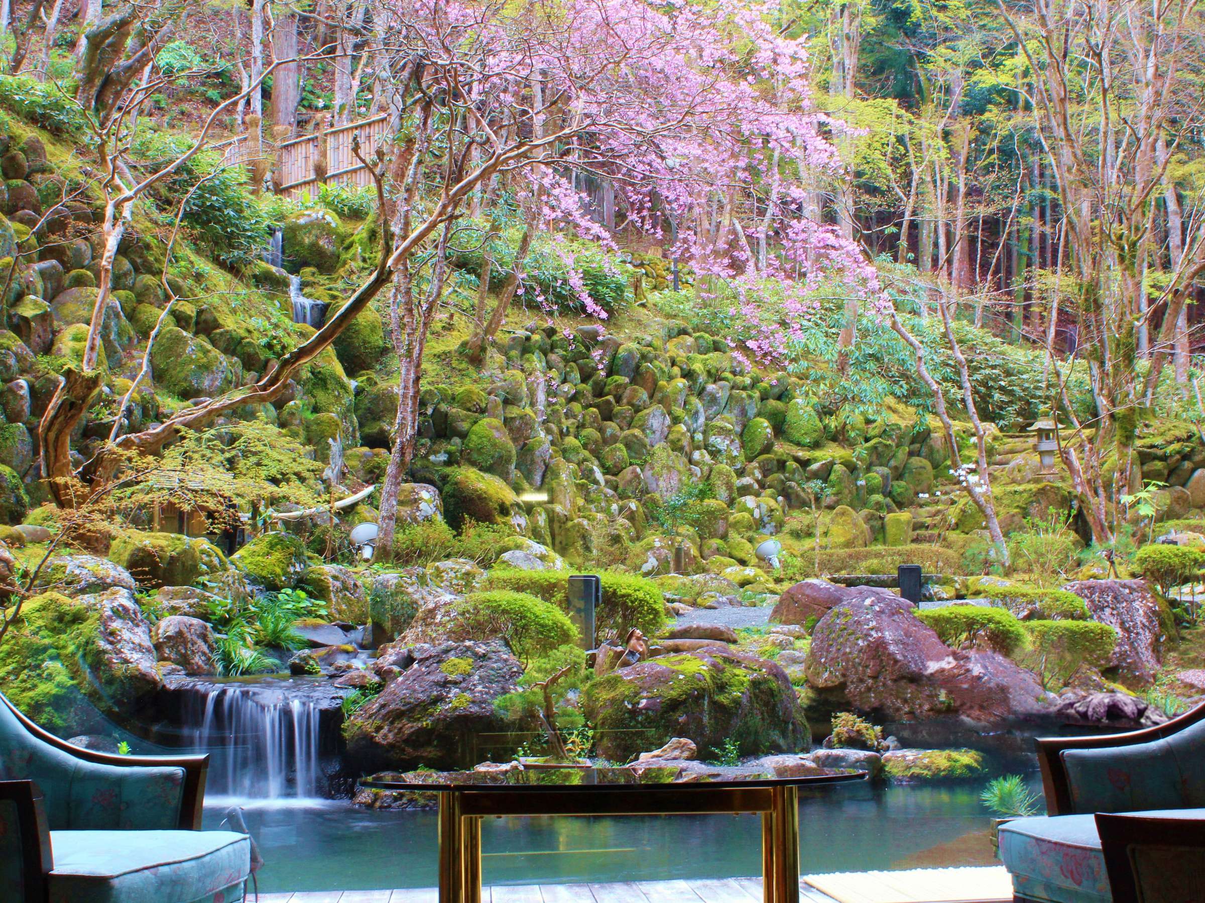 Lounge seating framing a moss-covered rock garden, waterfall and blossoming cherry tree at SORA Togetsuso Kinryu, Shuzenji Onsen