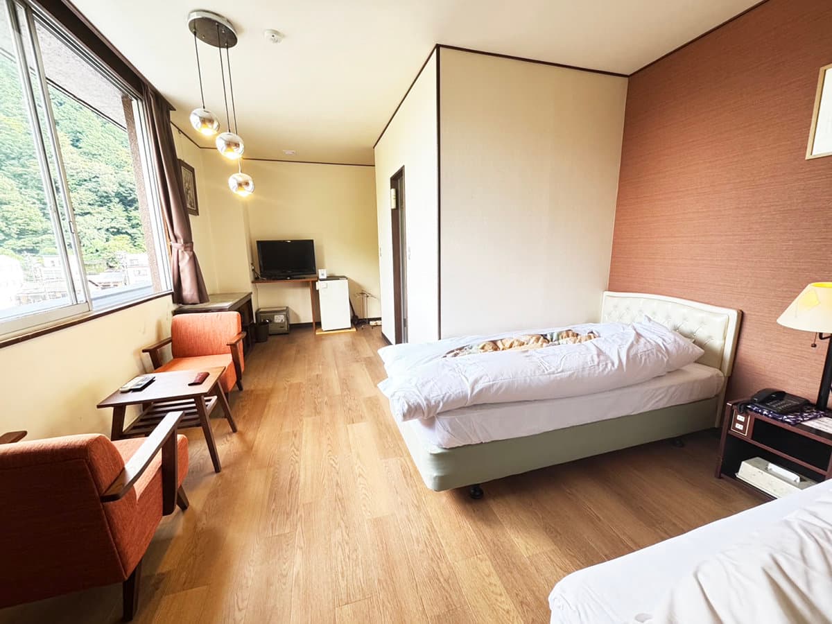 Western-style twin bedroom with wood flooring, pendant lights and valley-facing windows, Bosenkan, Gero Onsen