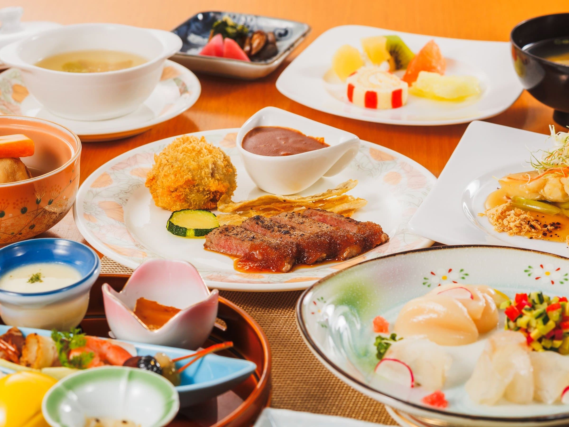 Multi-course dinner at Takamiya Rurikura Resort with Yamagata beef steak and seasonal small dishes
