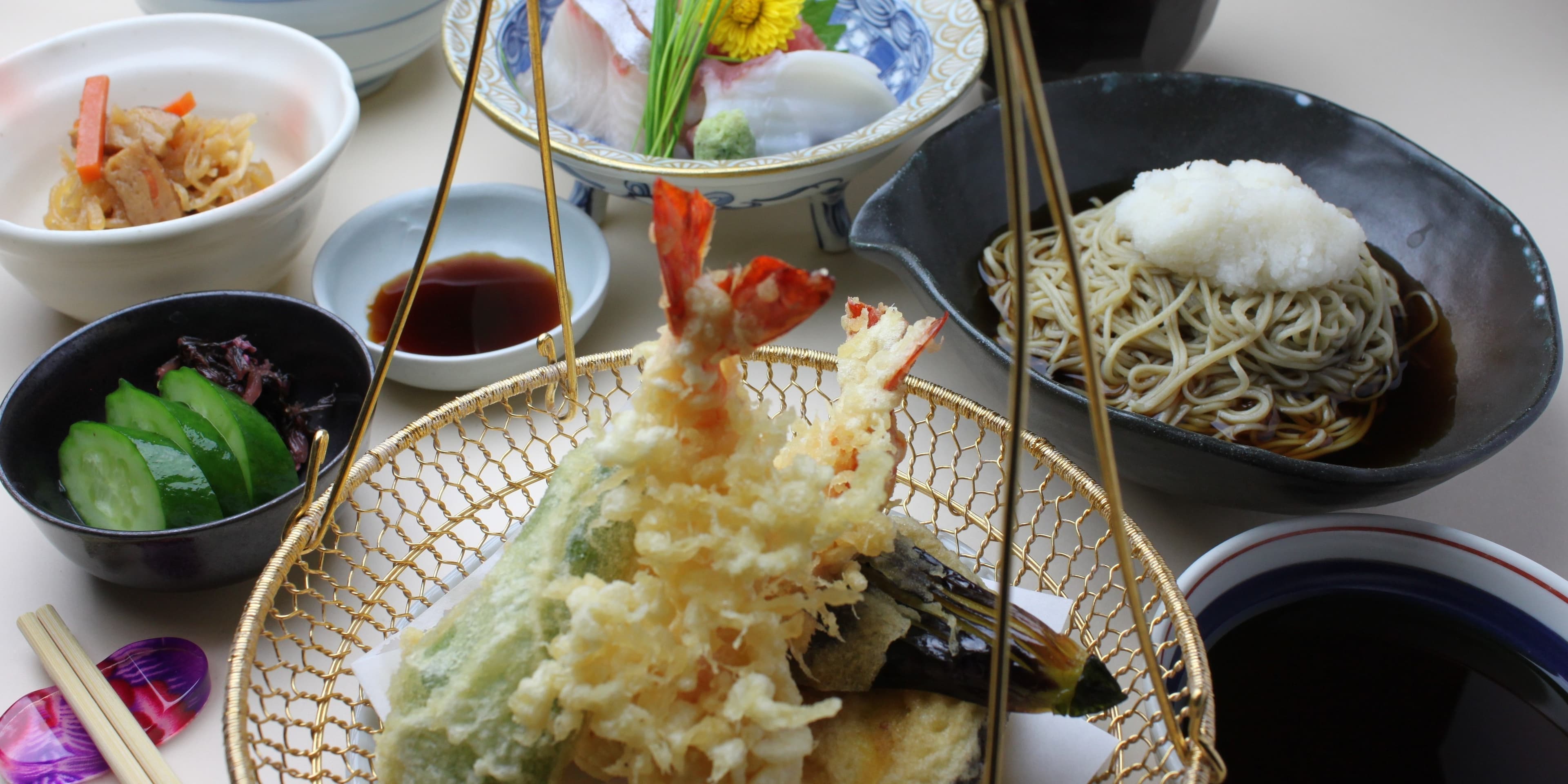 Japanese set meal of tempura, sashimi and soba noodles served at Hotel Edoya in Yushima, Tokyo
