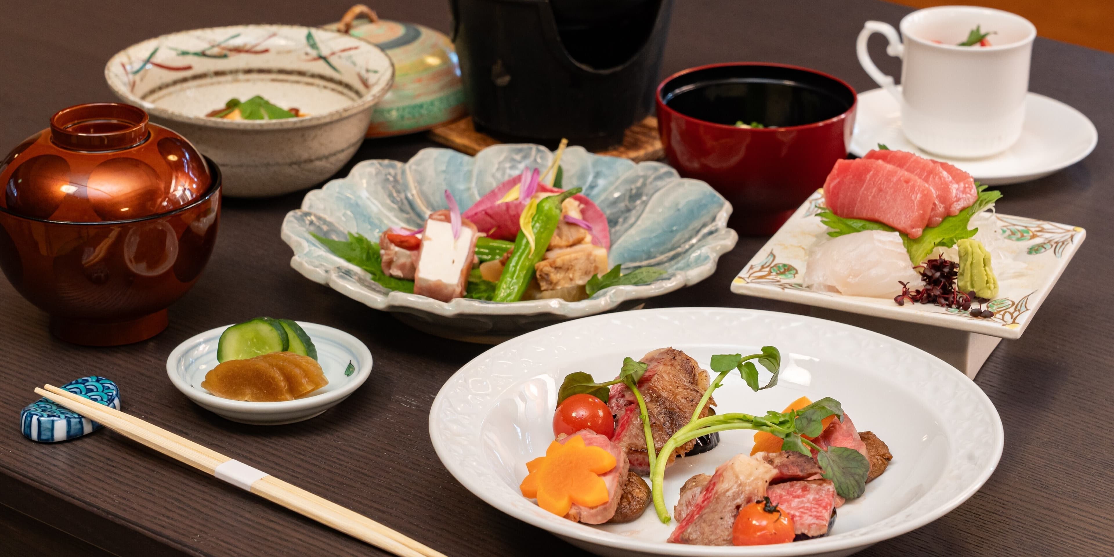 Multi-course kaiseki dinner at Soraichi with sashimi, wagyu beef and seasonal small dishes