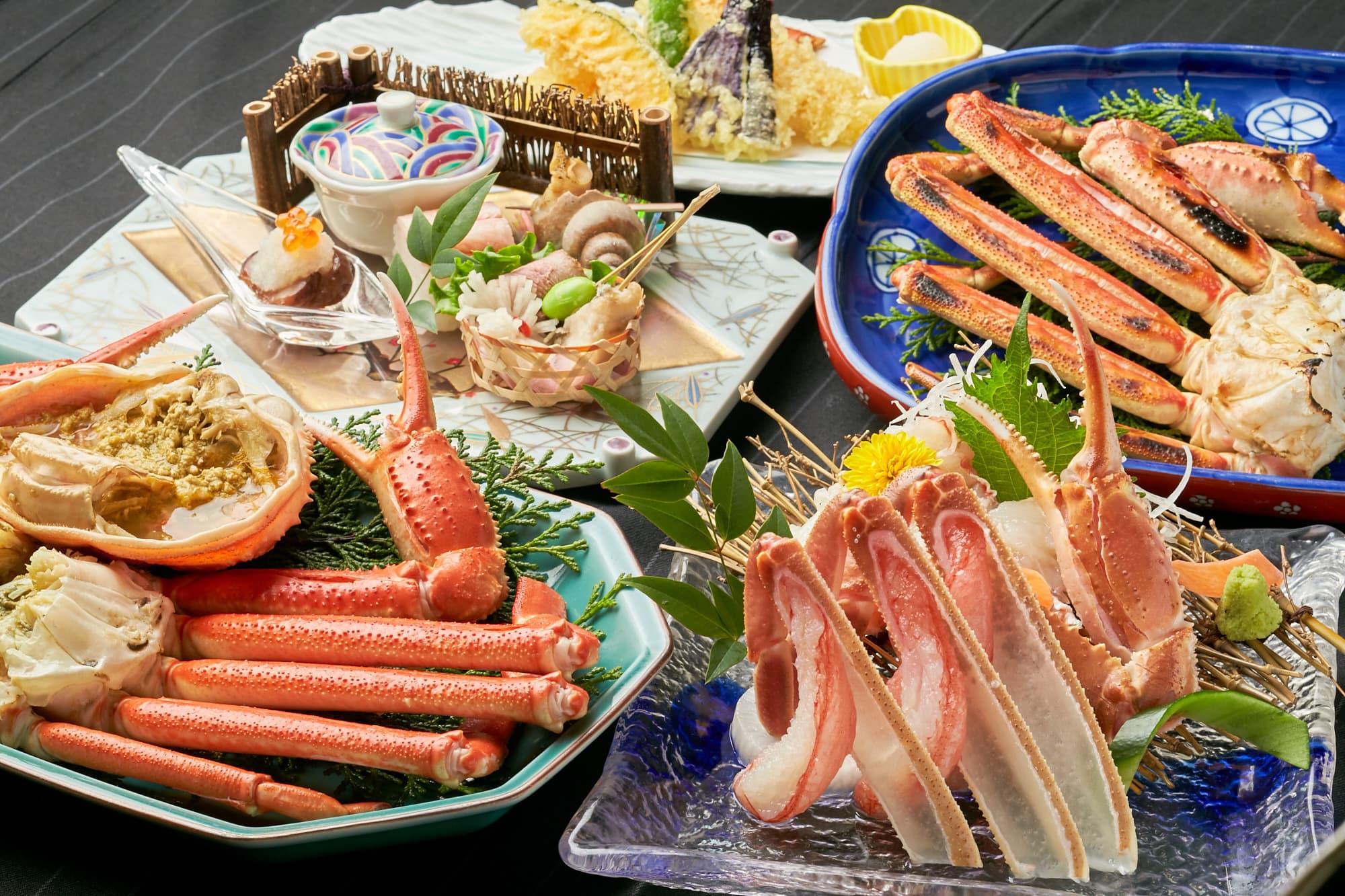 Snow crab kaiseki course with grilled and raw crab dishes at Matsuya