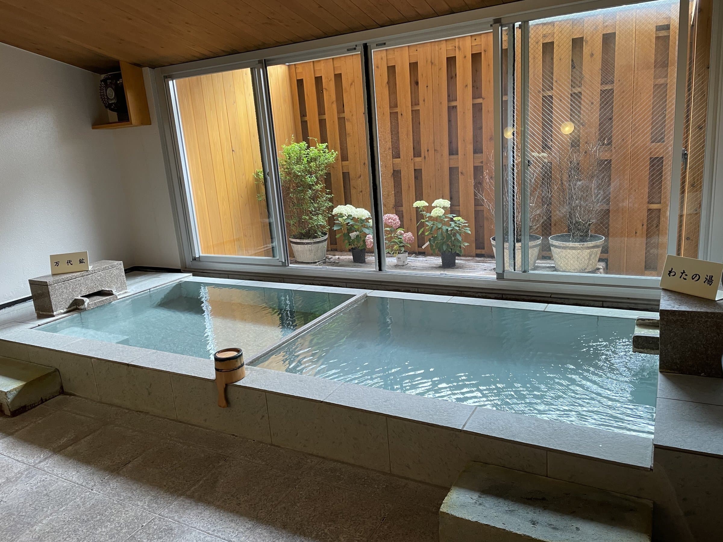 Indoor hot spring bath at Wata-no-Yu with a stone tub of clear thermal water and a courtyard garden view through wide windows