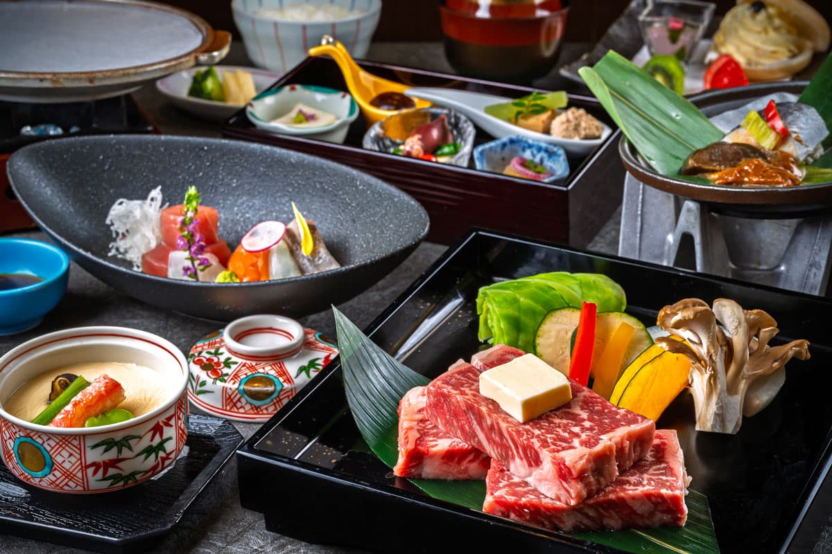 Multi-course kaiseki dinner with wagyu beef, sashimi and seasonal small dishes