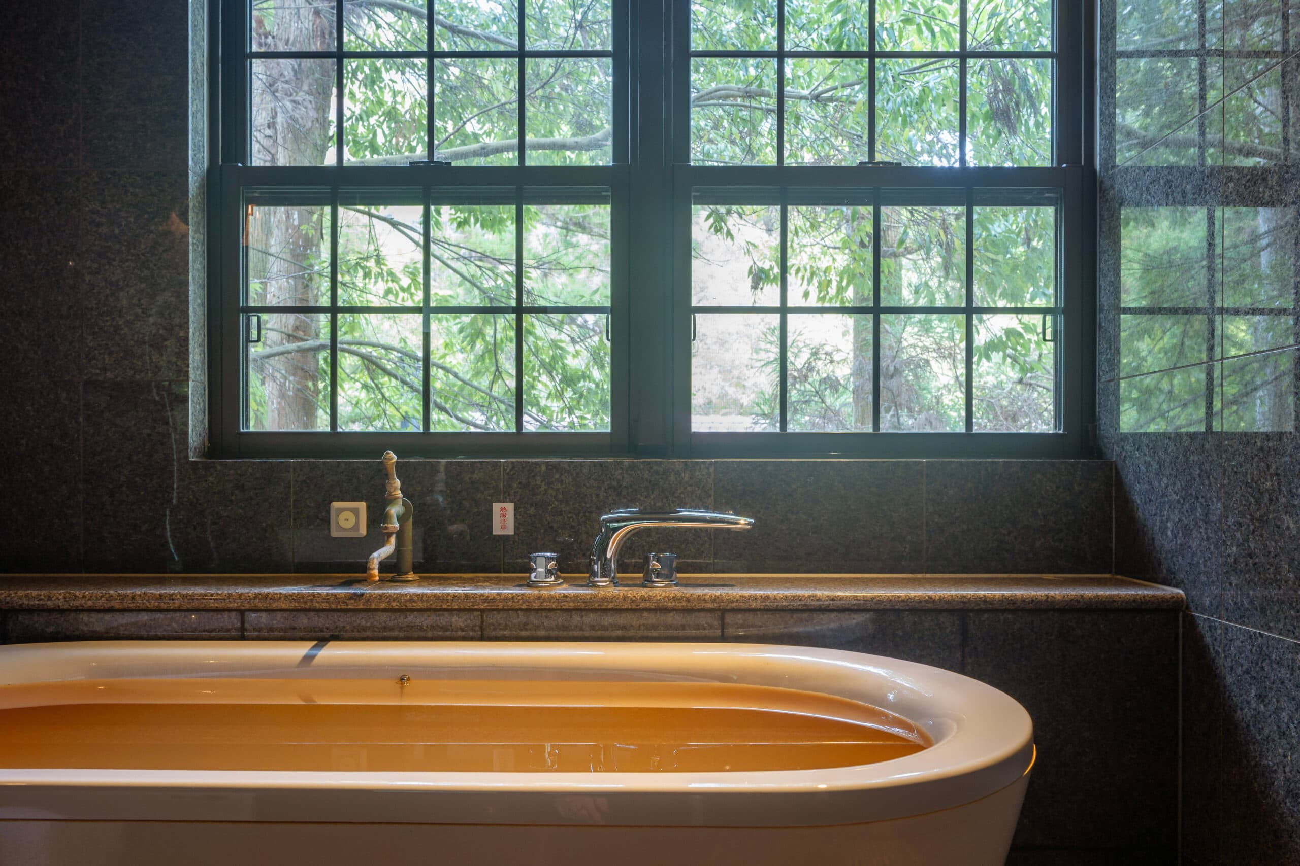 Private guest-room kinsen iron-spring bath with golden-brown mineral water and a forest view at Gosho Bessho