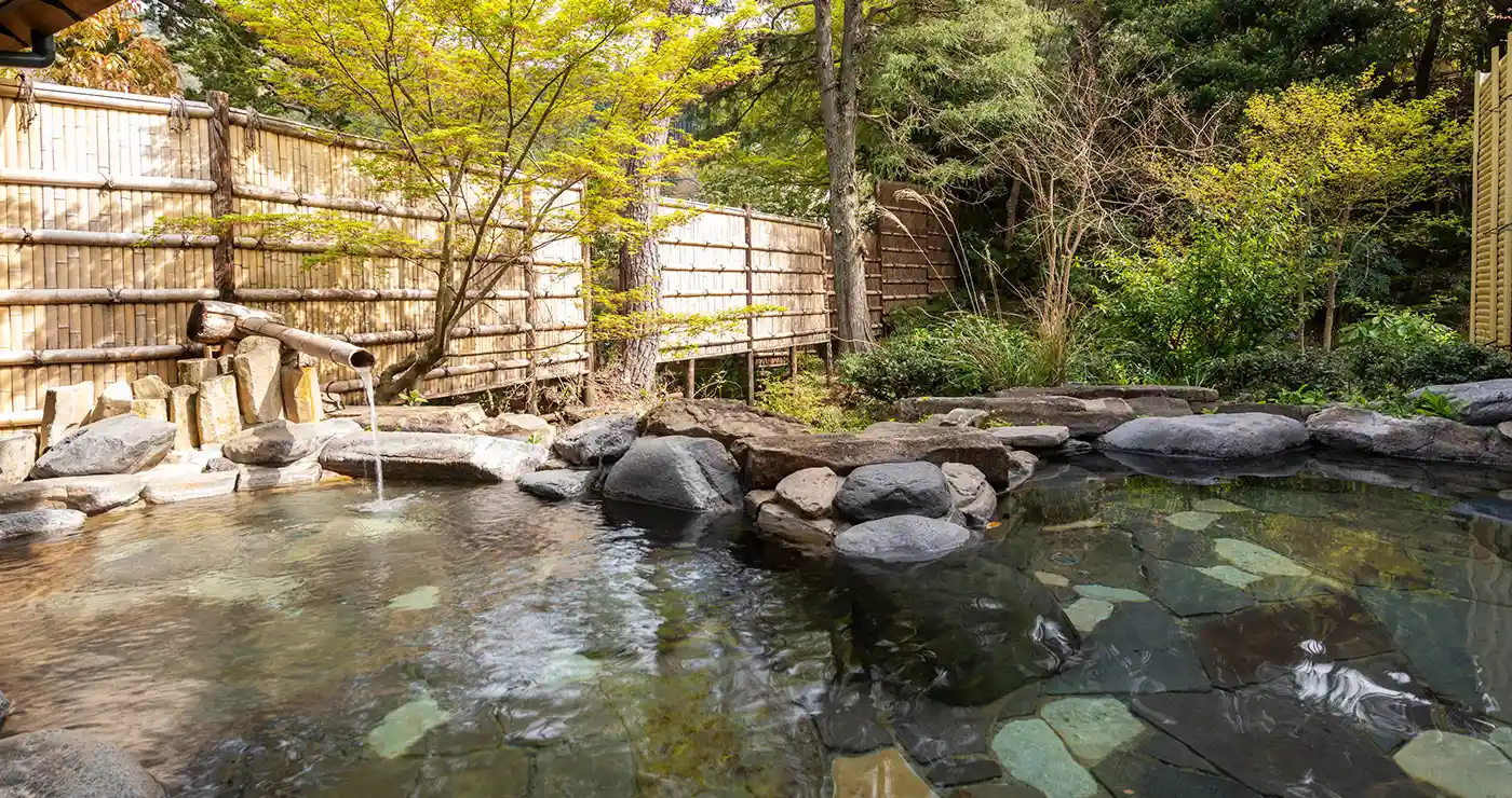 Rotenburo outdoor hot spring bath among rocks and trees at Yu-Kairo Kikuya, Shuzenji Onsen