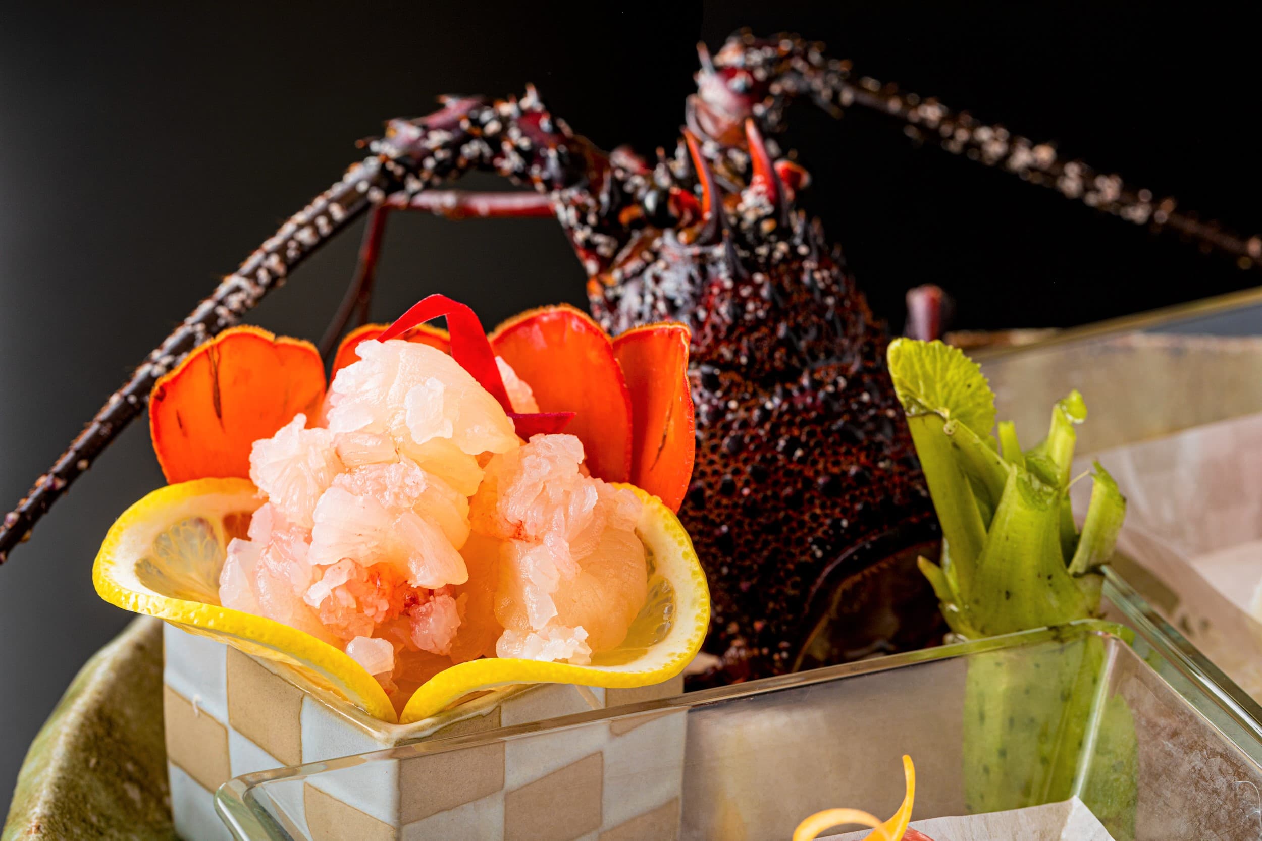 Kaiseki spiny lobster sashimi plated with citrus at Inatoriso, Inatori Onsen, Izu