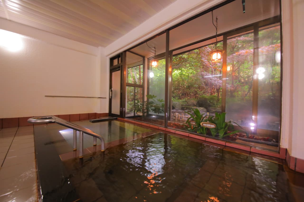 Indoor stone hot spring bath with large windows overlooking a forest garden at Sanseikan, Noboribetsu