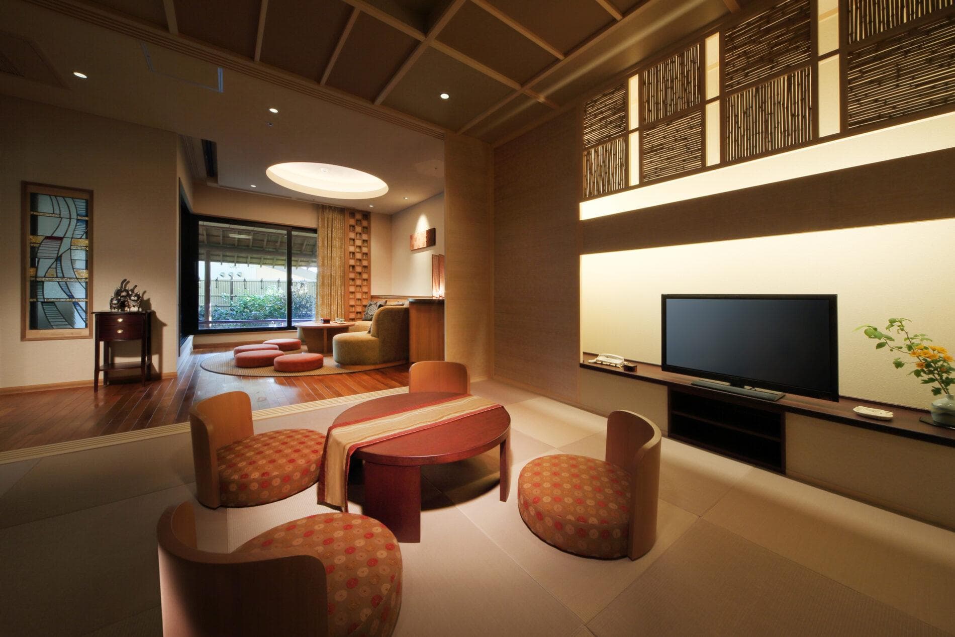 Spacious premium suite living area with sunken lounge and modern Japanese decor at Yume no Toki