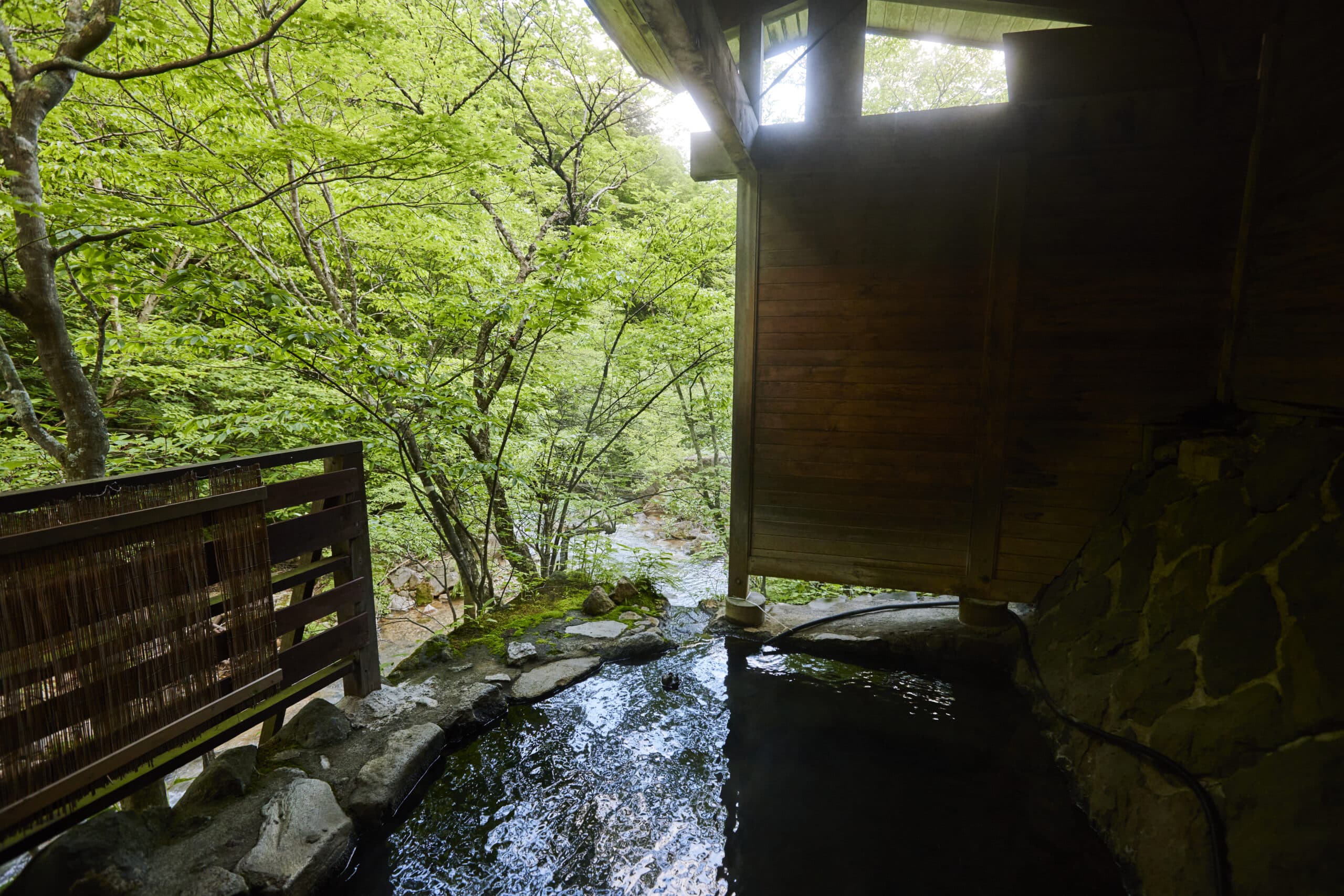 Open-air rock bath amid greenery