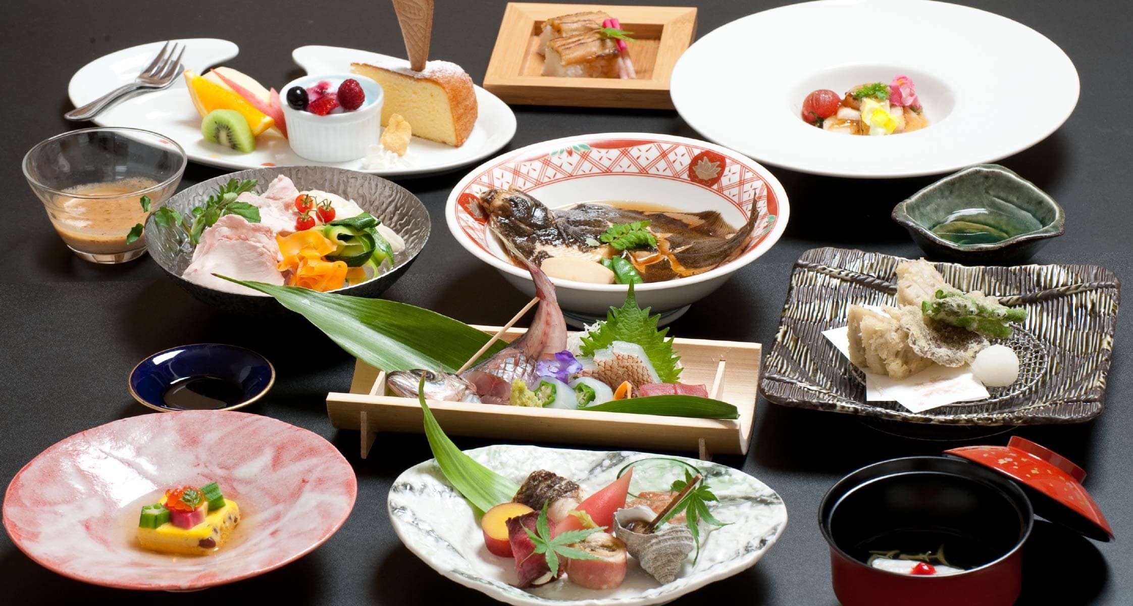 Multi-course kaiseki dinner at Mizuhaso featuring sashimi, grilled fish and seasonal Seto Inland Sea dishes